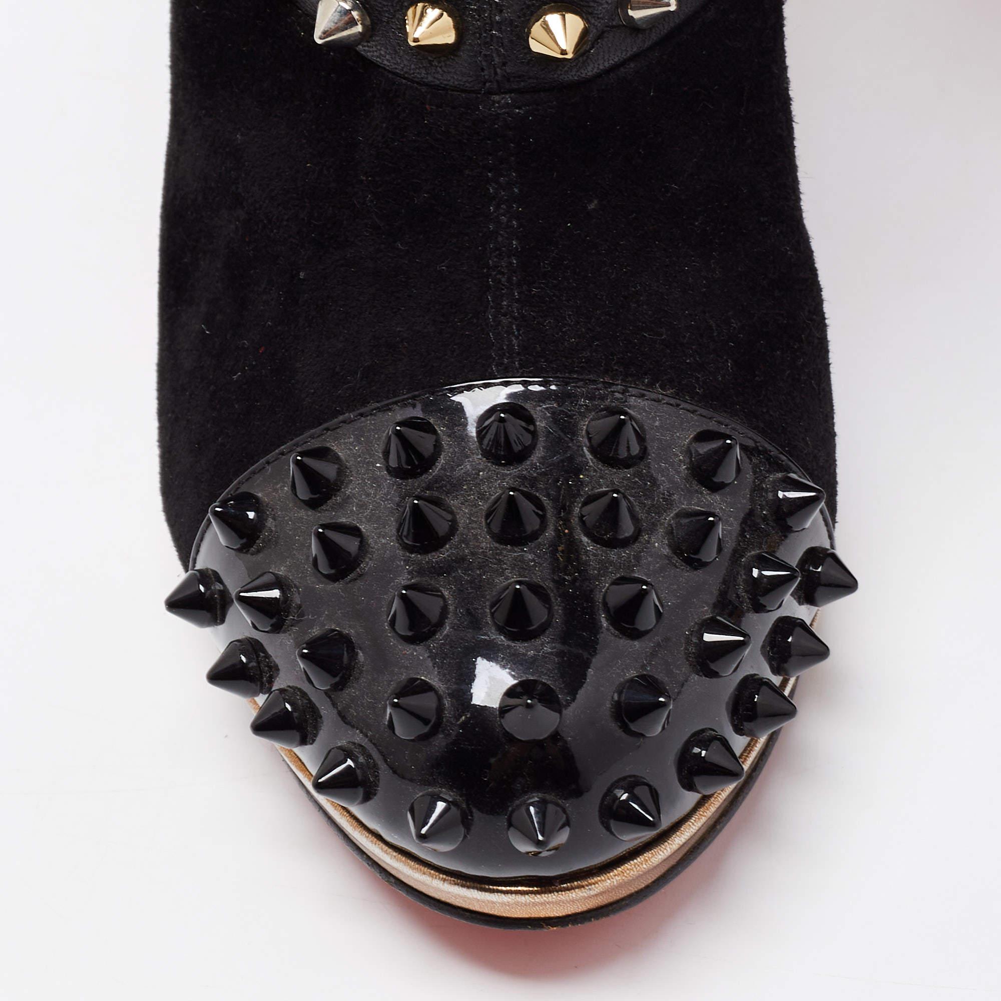 Christian Louboutin Black/Gold Suede, Patent Spike Wars Ankle Booties Size 35.5 For Sale 2