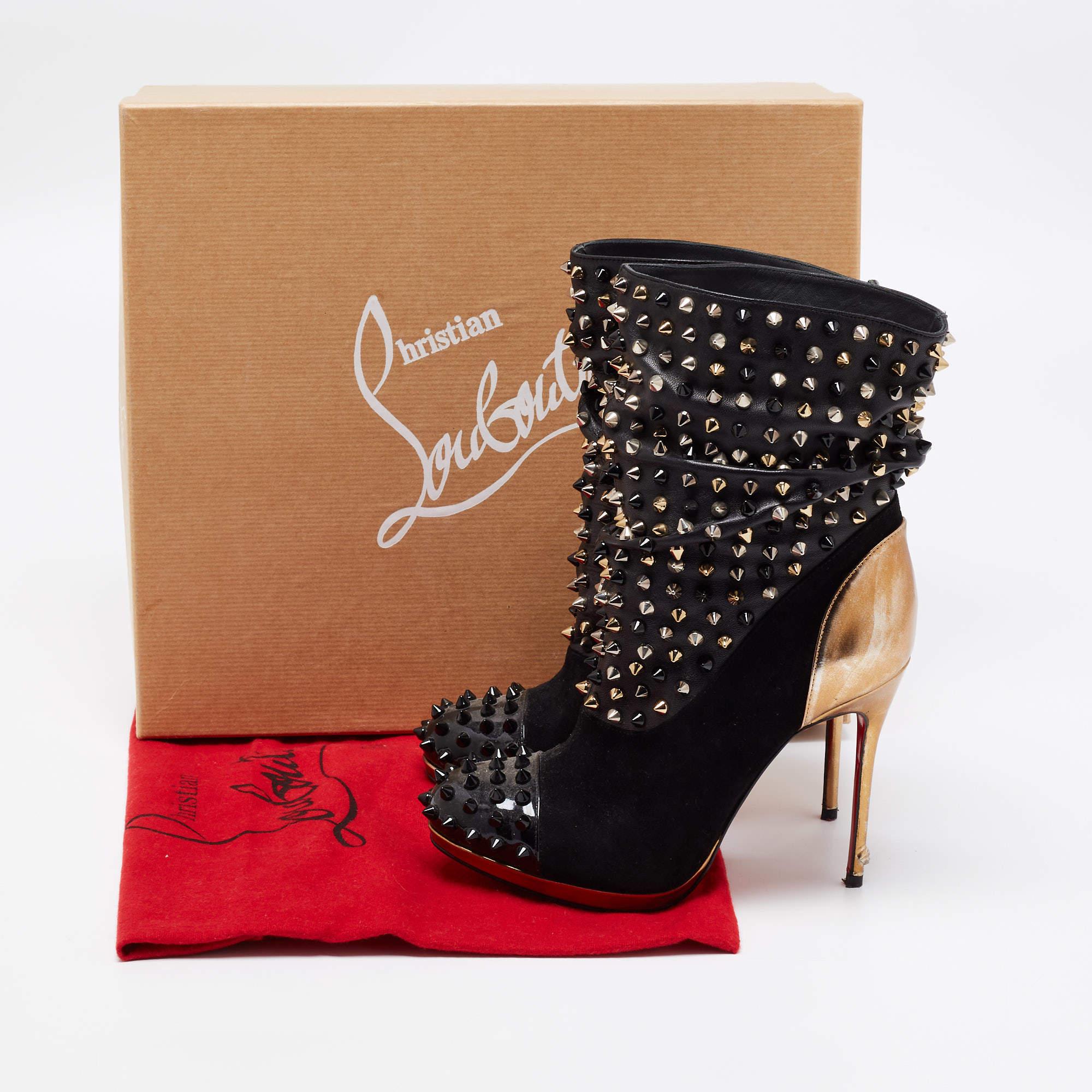 Christian Louboutin Black/Gold Suede, Patent Spike Wars Ankle Booties Size 35.5 For Sale 3