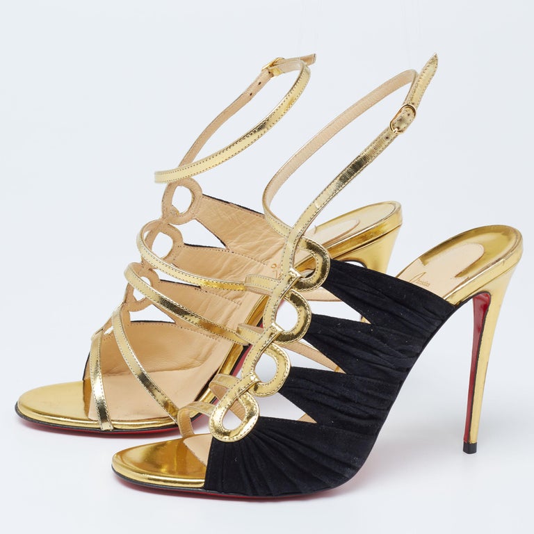 Christian Louboutin Black/Gold Suede Tina Cage Ankle-Strap Sandals Size ...
