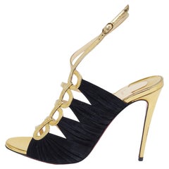 Christian Louboutin Black/Gold Suede Tina Cage Ankle-Strap Sandals Size 38.5