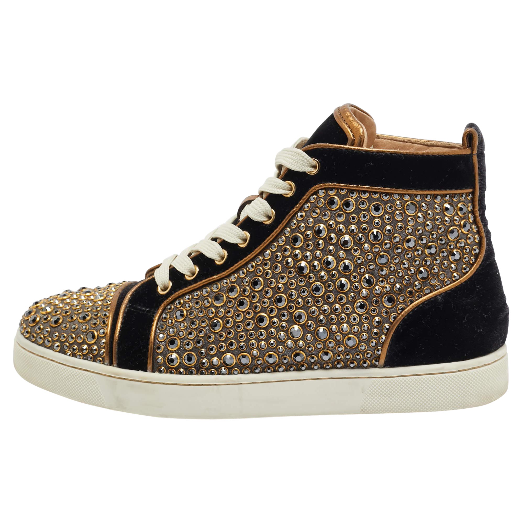 Christian Louboutin Black/Gold Velvet Studded Louis Sneakers Size 40