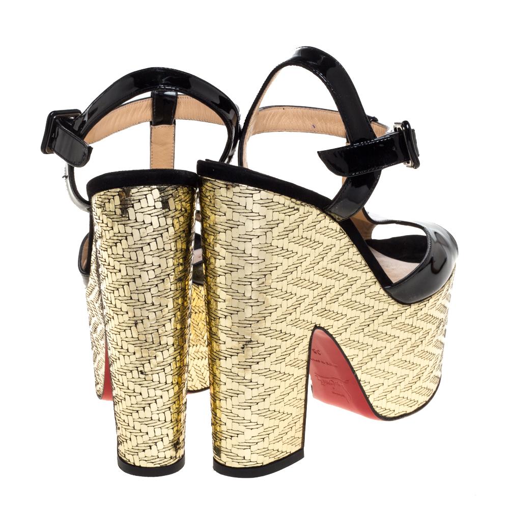 Beige Christian Louboutin Black Gold Wedge 'So Bella' T-Bar Open Toe Sandals Size 38