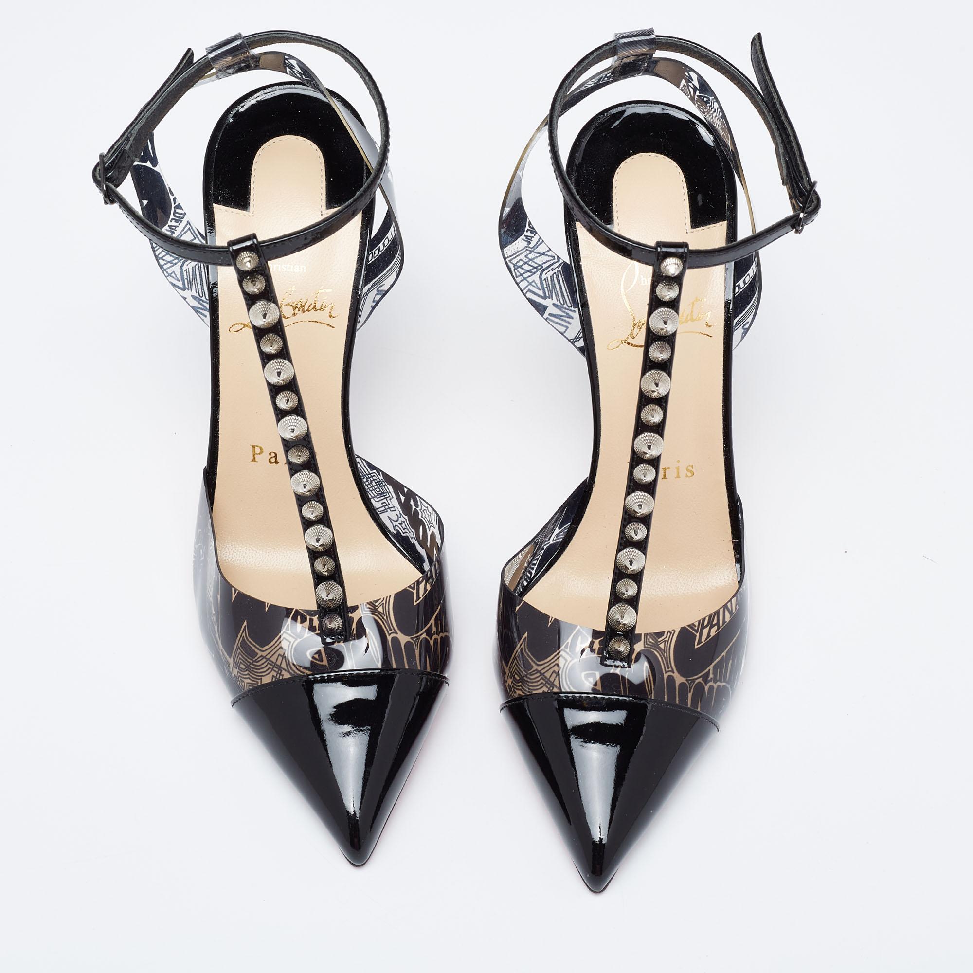 The usage of graffiti printed PVC in these Christian Louboutin sandals celebrates and showcases appreciation of street art. Also made from patent leather, the T-strap of the pair is decorated with silver-tone spikes and these shoes are elevated on