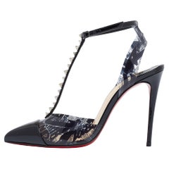 Christian Louboutin Schwarz Graffiti Print PVC Lackleder Spike Sandale Größe 36