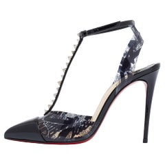 Christian Louboutin Black Graffiti Print PVC Patent Leather Spike Sandal Size 36