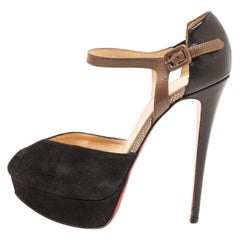 Christian Louboutin Black/Grey Suede 
Leather Peep Toe Ankle Strap Sandals