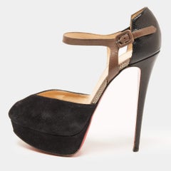 Christian Louboutin Black/Grey Suede & Leather Peep Toe Ankle Strap Sandals