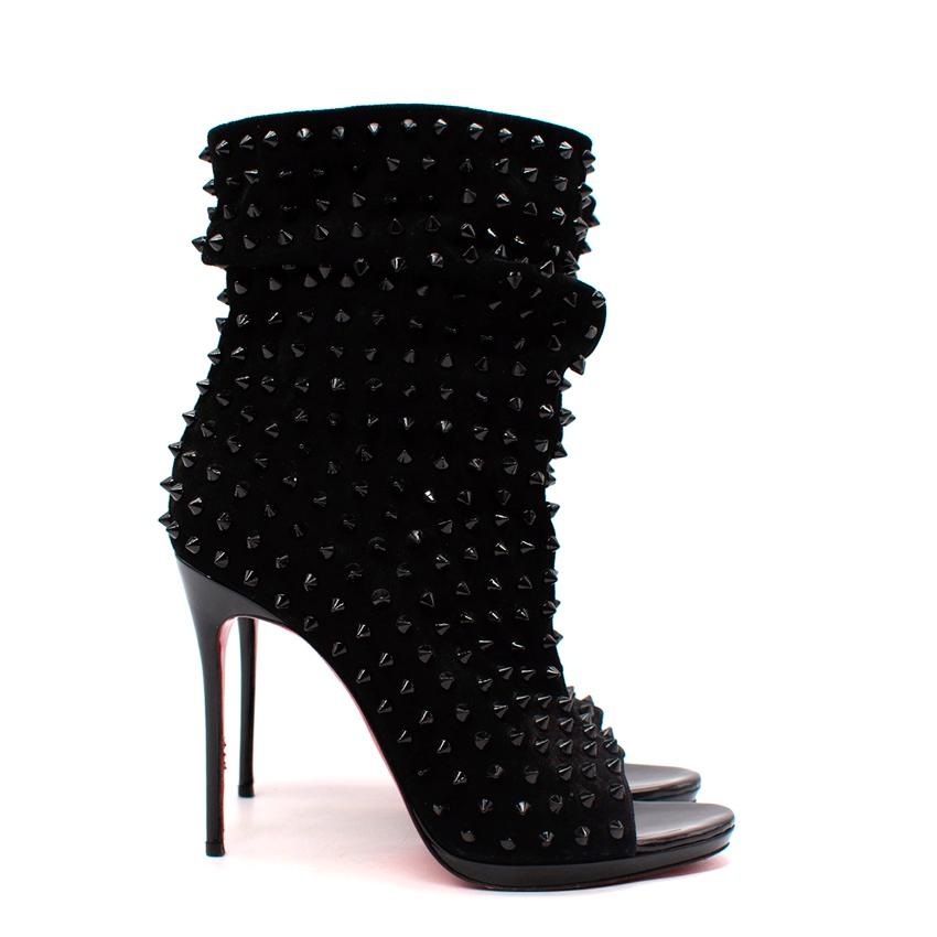 Christian Louboutin Black Guerilla 120 Studded Peep Toe Heeled Booties
 

 - Bold, all-over studded black suede peep-toe booties
 - Set on a glossy high stiletto heel
 - Slouchy ankle, pull-on style
 - Signature red sole
 

 Materials 
 Leather 

