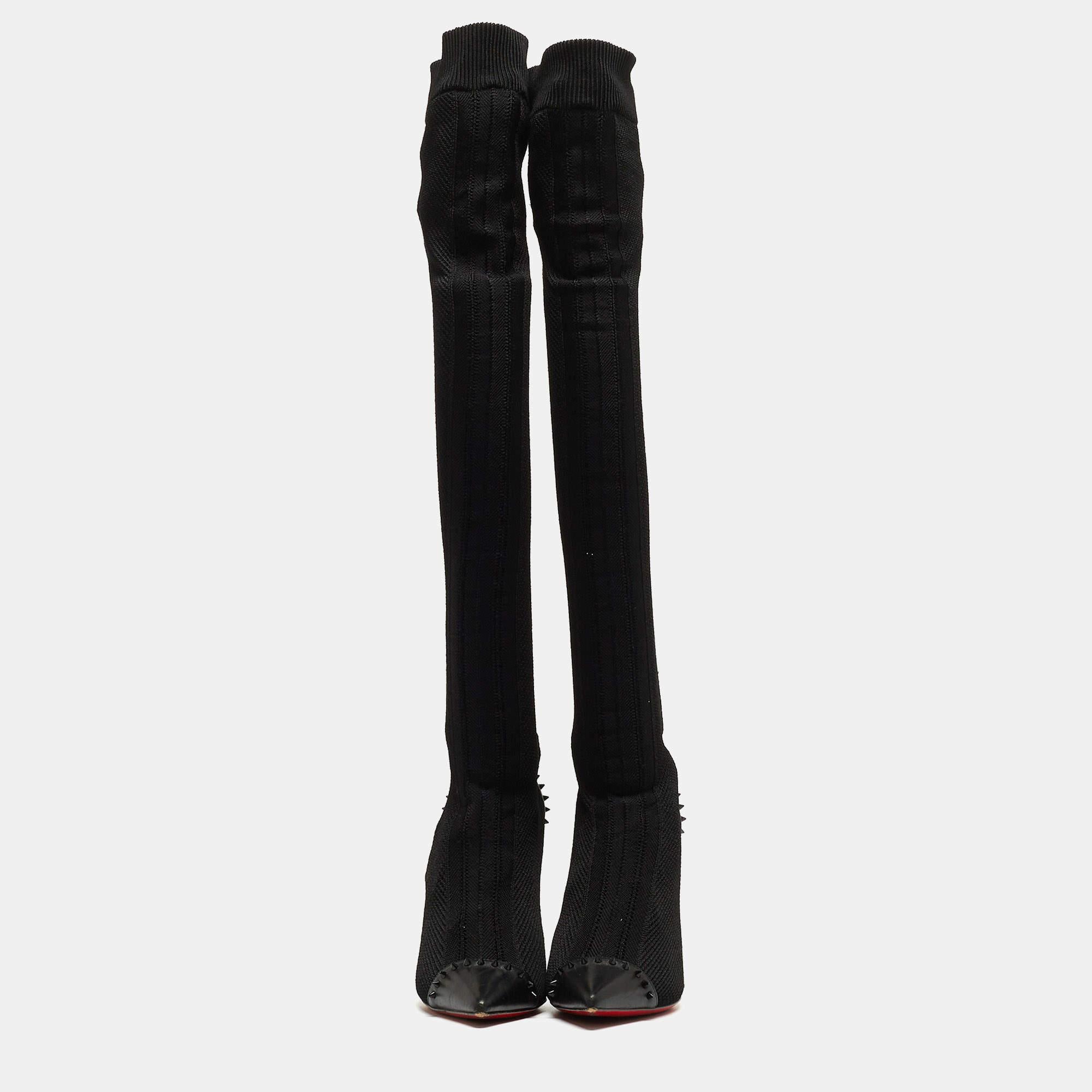 Nero Christian Louboutin Stivali al ginocchio in pelle e tessuto nero Souricette 35,5