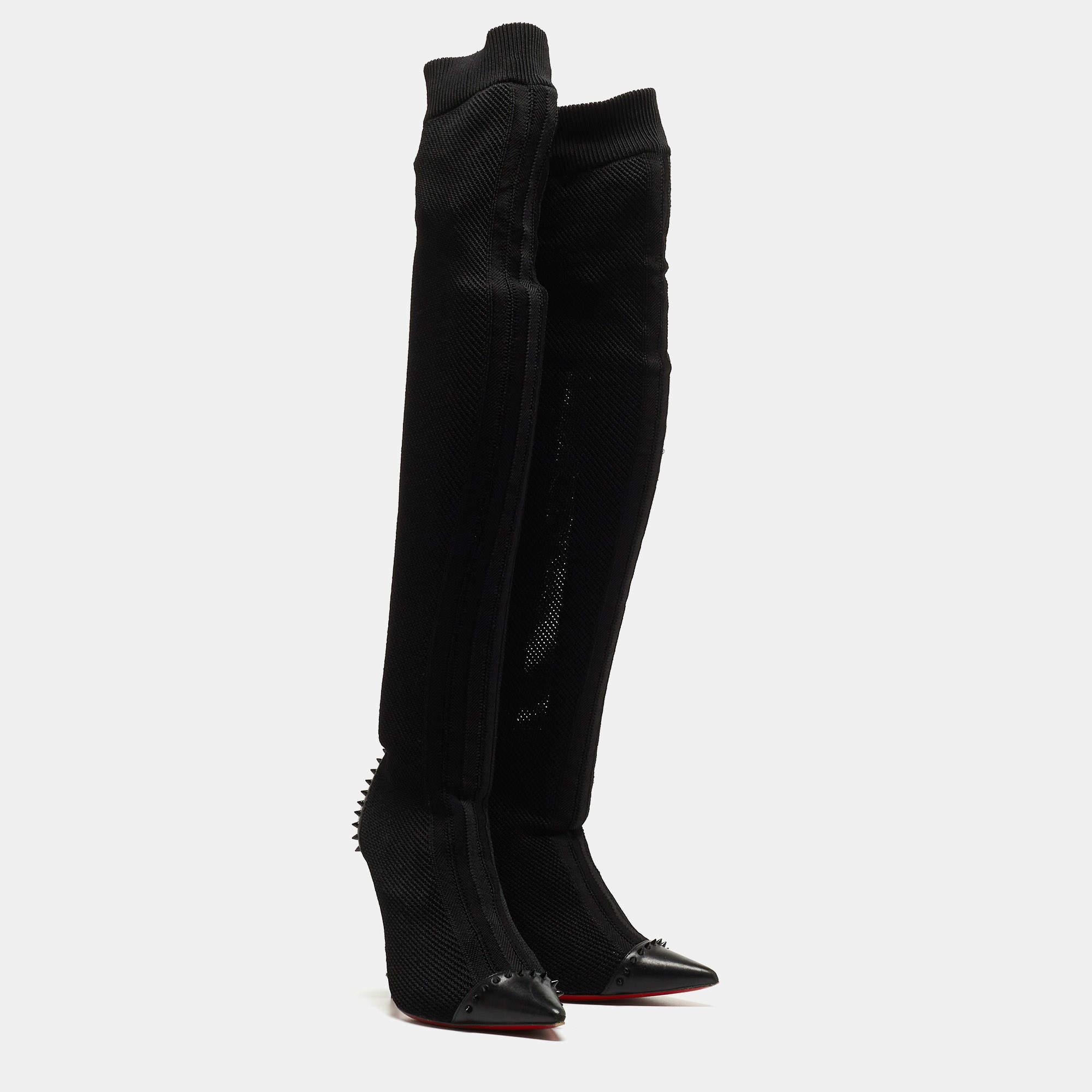 Donna Christian Louboutin Stivali al ginocchio in pelle e tessuto nero Souricette 35,5