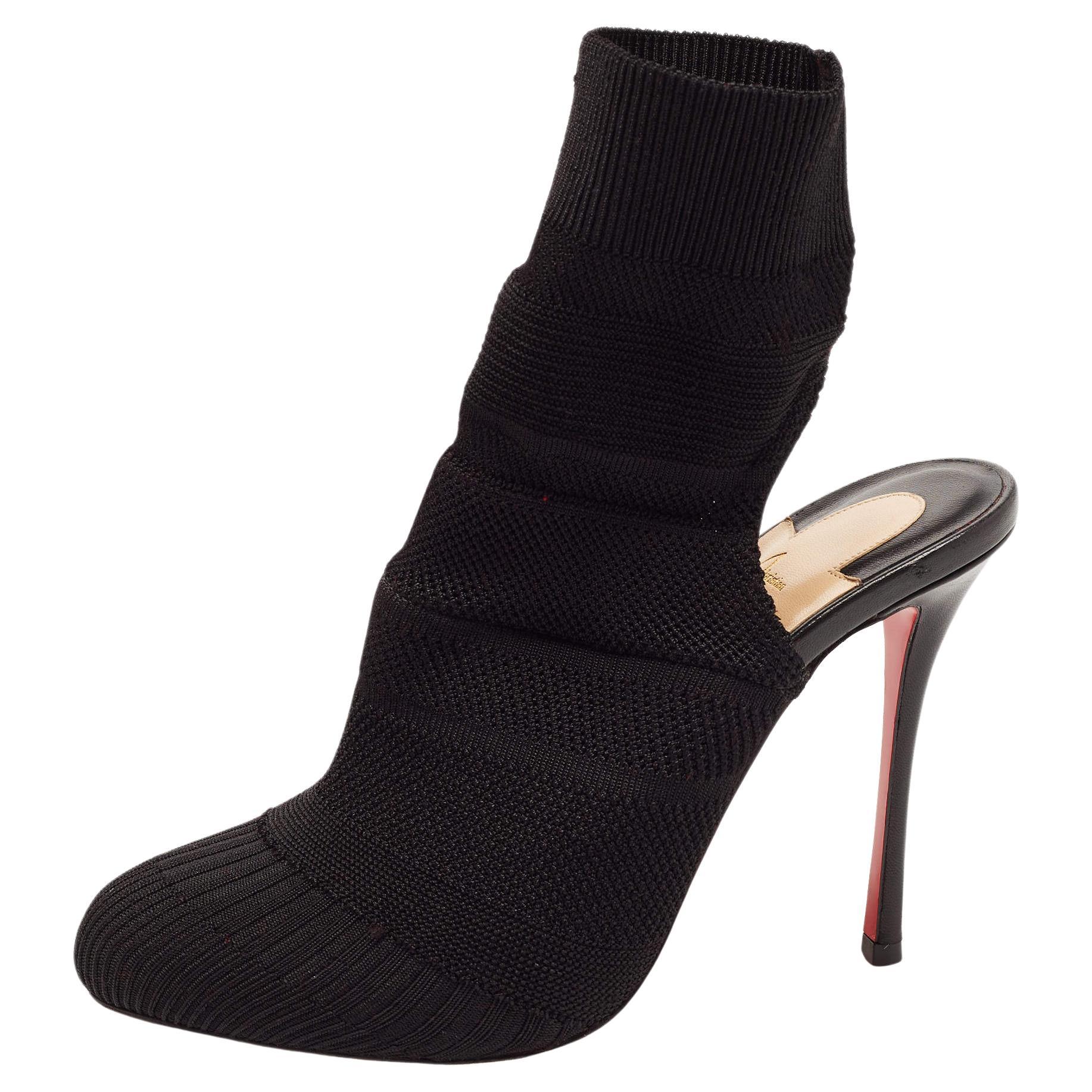 Christian Louboutin Black Knit Fabric Cheminetta Ankle Boots Size 39 For Sale