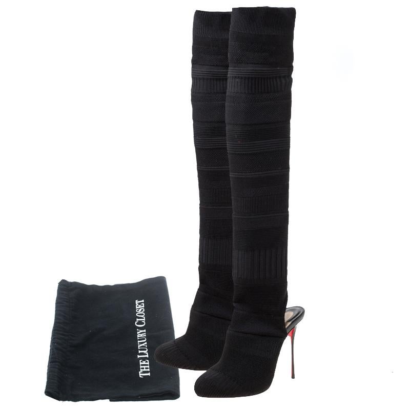 Christian Louboutin Black Knit Fabric Cheminetta Sock Thigh High Boots Size 37 1