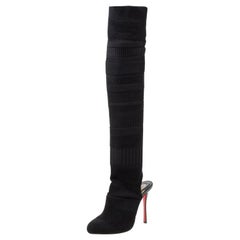 Christian Louboutin Black Knit Fabric Cheminetta Sock Thigh High Boots Size 37