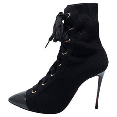 Christian Louboutin Black Knit Fabric Frenchie Ankle Boots Size 37.5