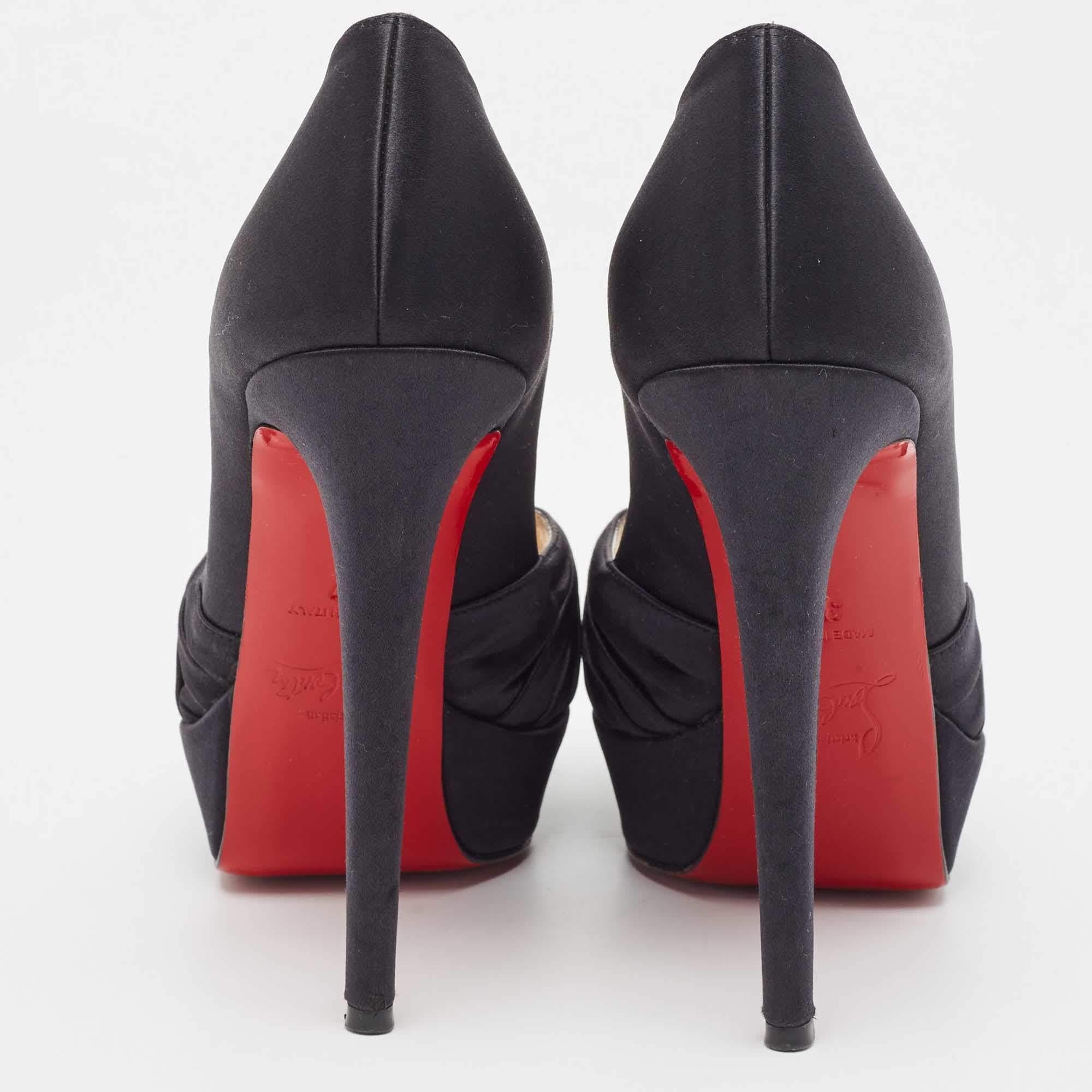 Christian Louboutin Black Knotted Satin Peep Toe Platform Pumps Size 37 In Good Condition For Sale In Dubai, Al Qouz 2