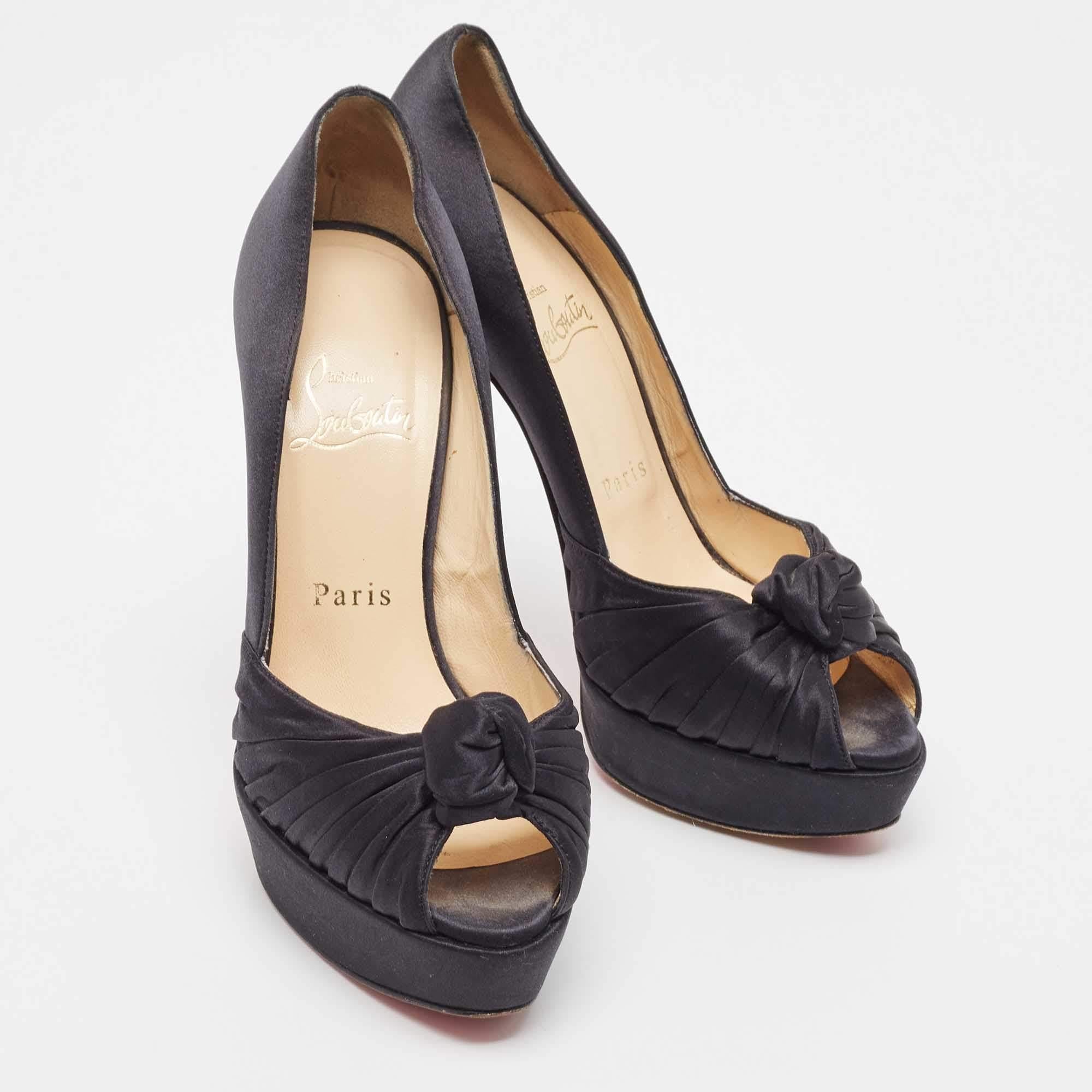 Christian Louboutin Black Knotted Satin Peep Toe Platform Pumps Size 37 For Sale 2