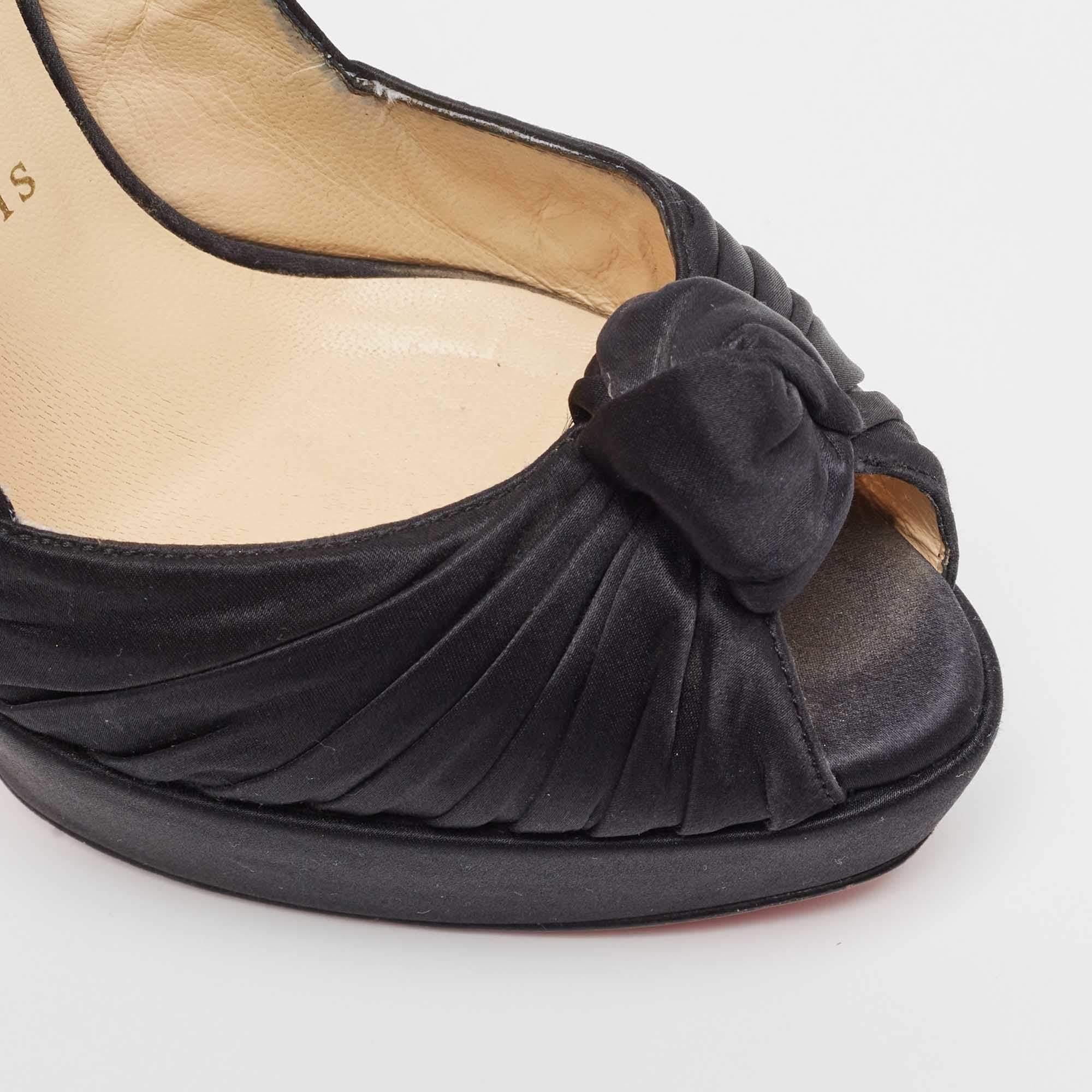 Christian Louboutin Black Knotted Satin Peep Toe Platform Pumps Size 37 For Sale 3