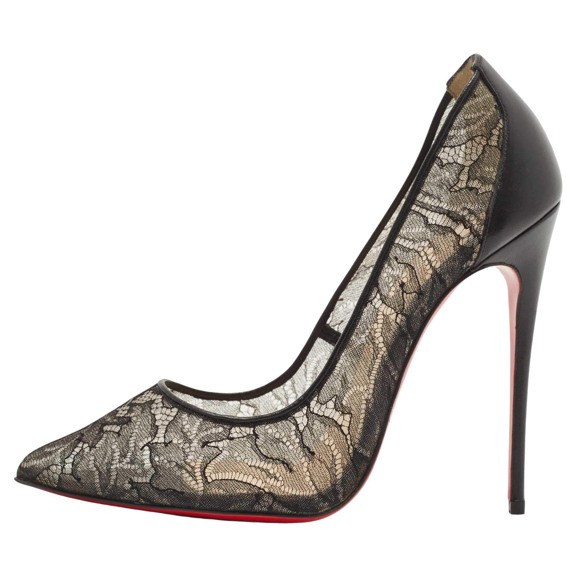 Christian Louboutin Black Lace and Leather Follies Pumps Size 38 For ...