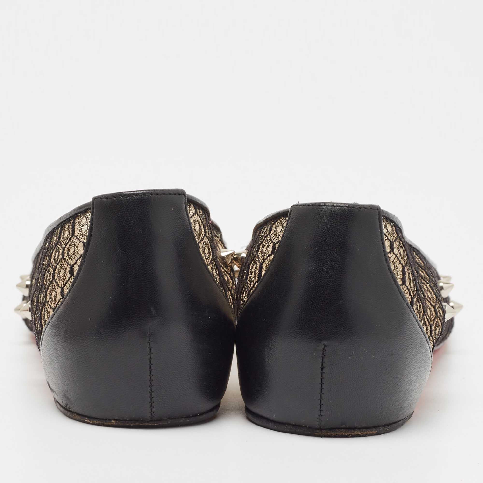 Christian Louboutin Black Lace and Leather Spikes Ballet Flats Size 39 For Sale 1