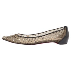 Used Christian Louboutin Black Lace and Leather Spikes Ballet Flats Size 39