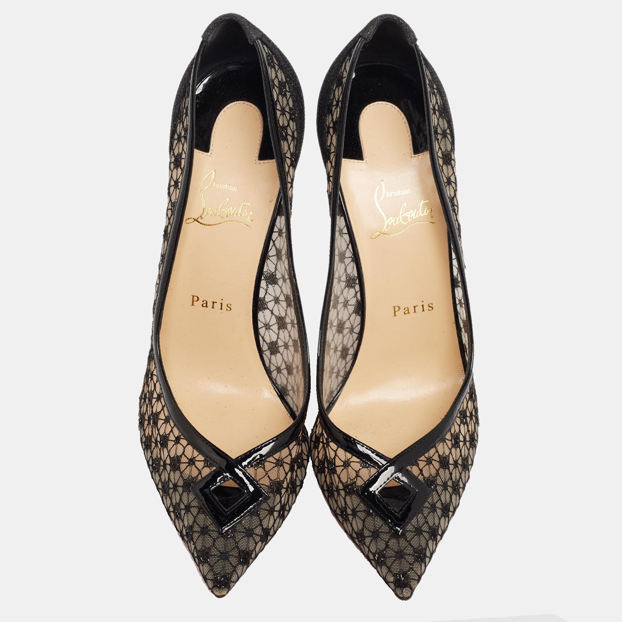These timeless pumps feature pointed toes and 11.5 cm stiletto heels, creating a beautiful arch. They are rendered in black mesh and lace that gently envelopes the foot creating elegant lines to complement any outfit. These Christian Louboutin