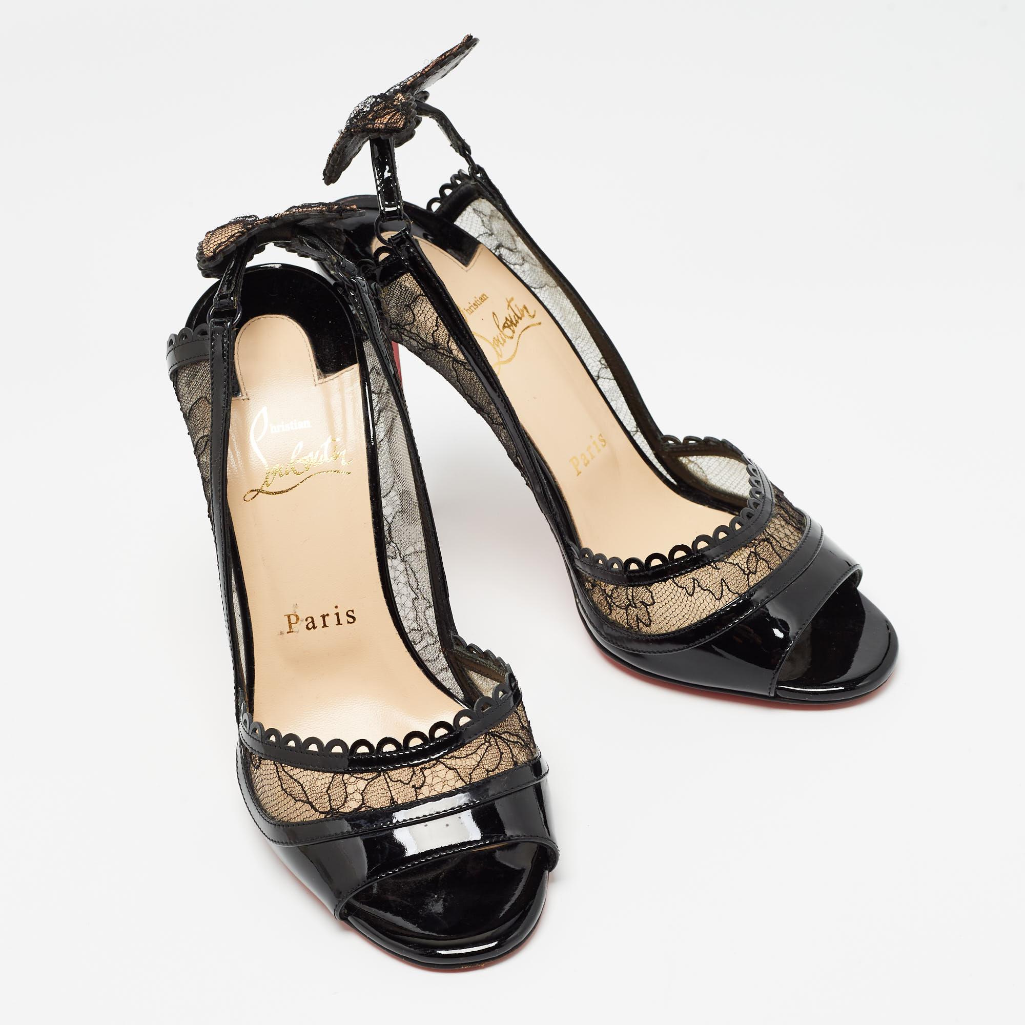 Christian Louboutin Black Lace and Patent Leather Hot Spring Butterfly Pumps Siz For Sale 2