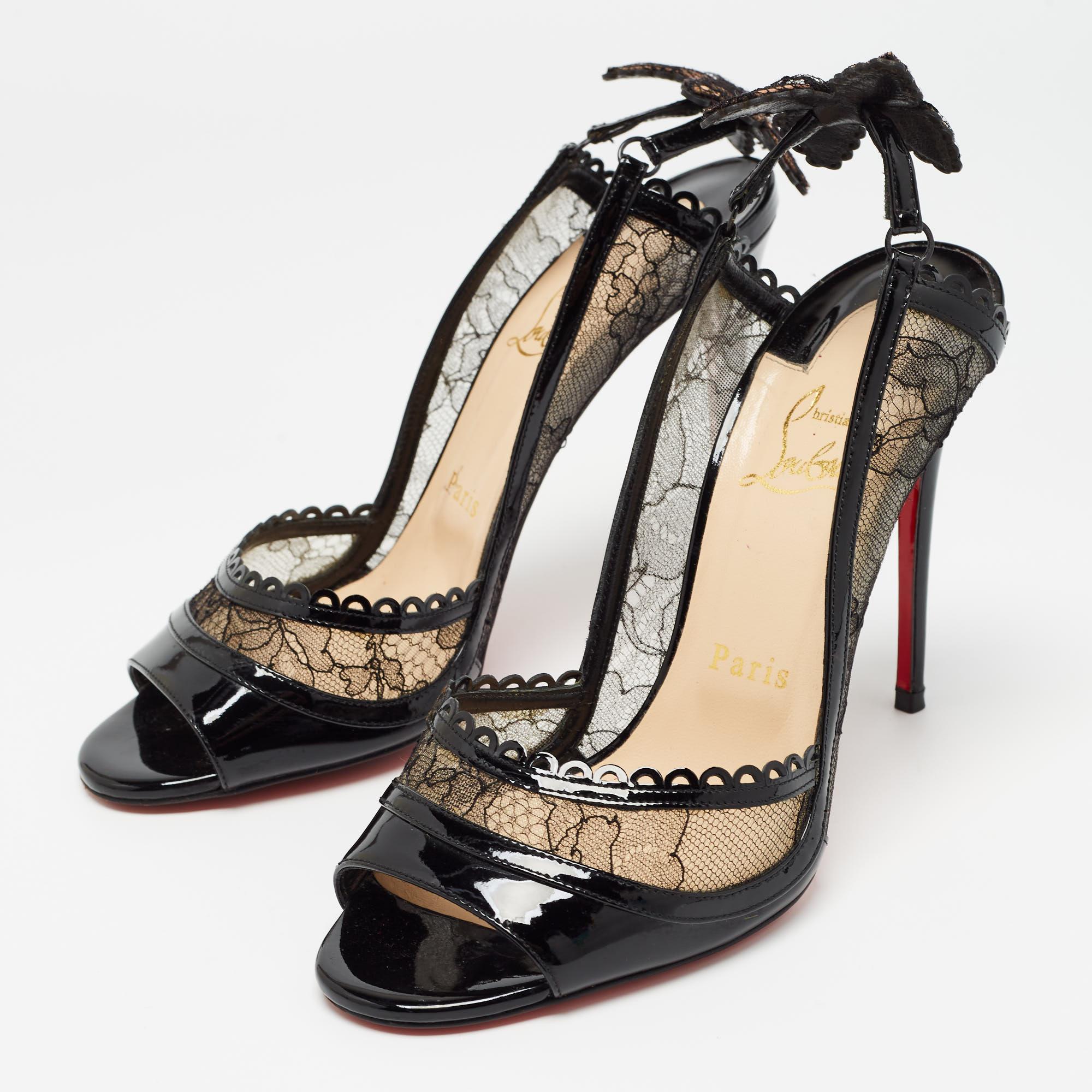 Christian Louboutin Black Lace and Patent Leather Hot Spring Butterfly Pumps Siz For Sale 5