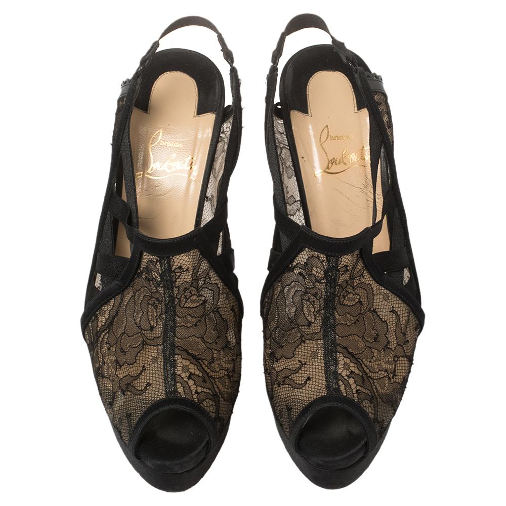 These sandals by Christian Louboutin are a dream pair worth owning. Beautifully designed with lace, satin, and elastane, these sandals flaunt peep toes, 14.5 cm heels, and the signature red soles.

