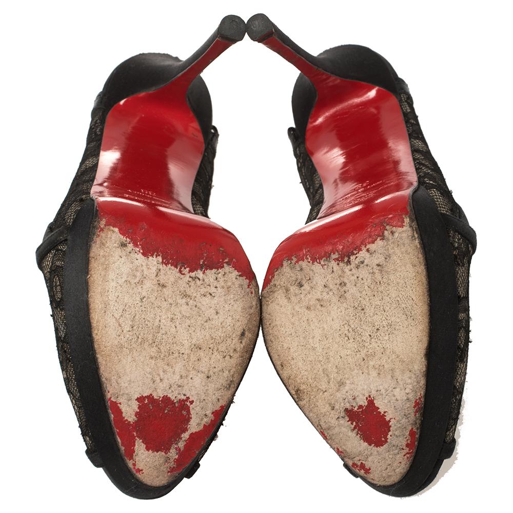 Women's Christian Louboutin Black Lace And Satin Guiptik Peep Toe Sandals Size 39