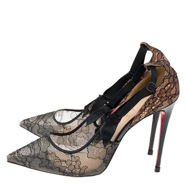 Christian Louboutin Black Lace And Satin Hot Jeanbi 100 Pointed Pumps Size  37.5 For Sale at 1stDibs | christian louboutin black lace heels, louboutin  lace pumps