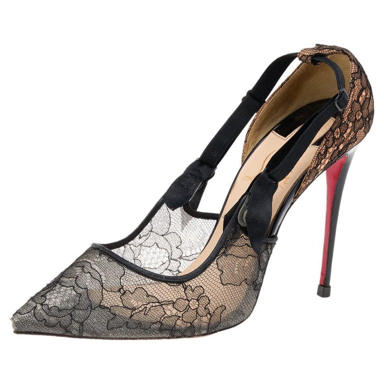 Louboutin Black Lace And Satin Hot Jeanbi 100 Pointed Size For Sale at 1stDibs | christian louboutin black lace heels, louboutin lace