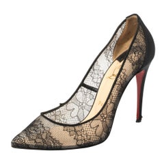 Christian Louboutin Black Lace And Satin Pigalace Pointed Toe Pumps Size 38.5