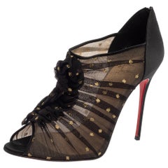 Christian Louboutin Black Lace And Satin Ruffled Peep Toe Ankle Boots Size 40.5