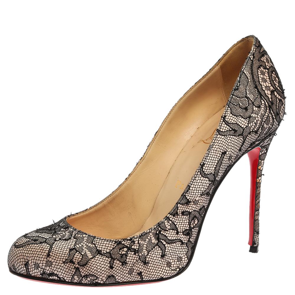 Those stylish outfits will look a lot more appealing with these Very Prive pumps from Christian Louboutin. They have been crafted from lace and satin into a round toe silhouette. They are made comfortable with leather-lined insoles and elevated on