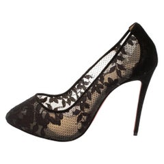 Christian Louboutin Black Lace And Suede Pigalace Pointed Toe Pumps Size 38.5