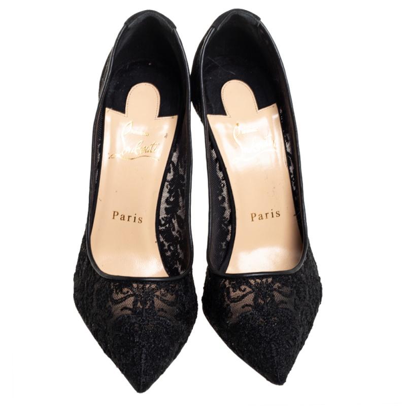 Christian Louboutin's one of the most loved styles is So Kate, named after the English model, actress, and businesswoman, Kate Moss. These So Kate pumps in black are rendered in lace & suede, flaunting well-cut vamps, and high stiletto heels that