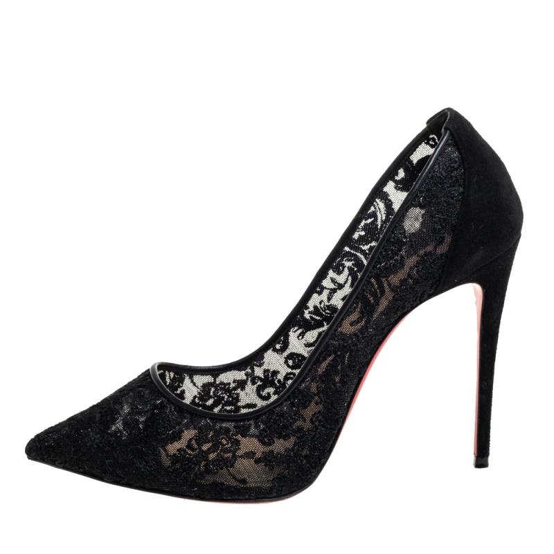 Women's Christian Louboutin Black Lace And Suede So Kate Pumps Size 38.5