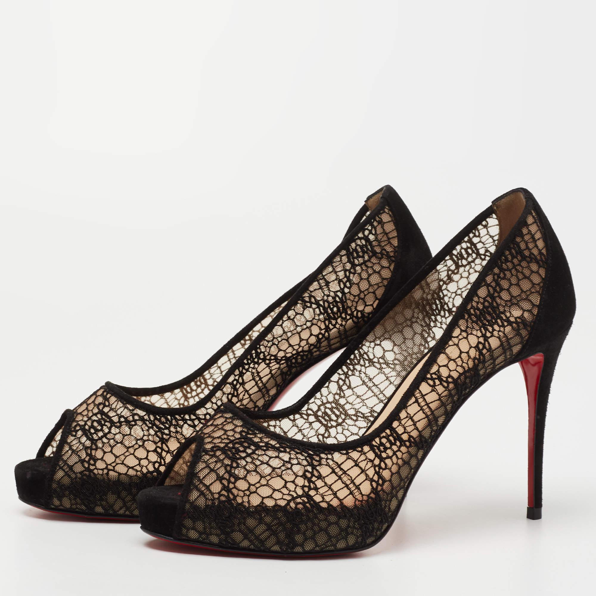 Christian Louboutin Black Lace and Suede Very Lace Peep Toe Pumps Size 36.5 For Sale 1