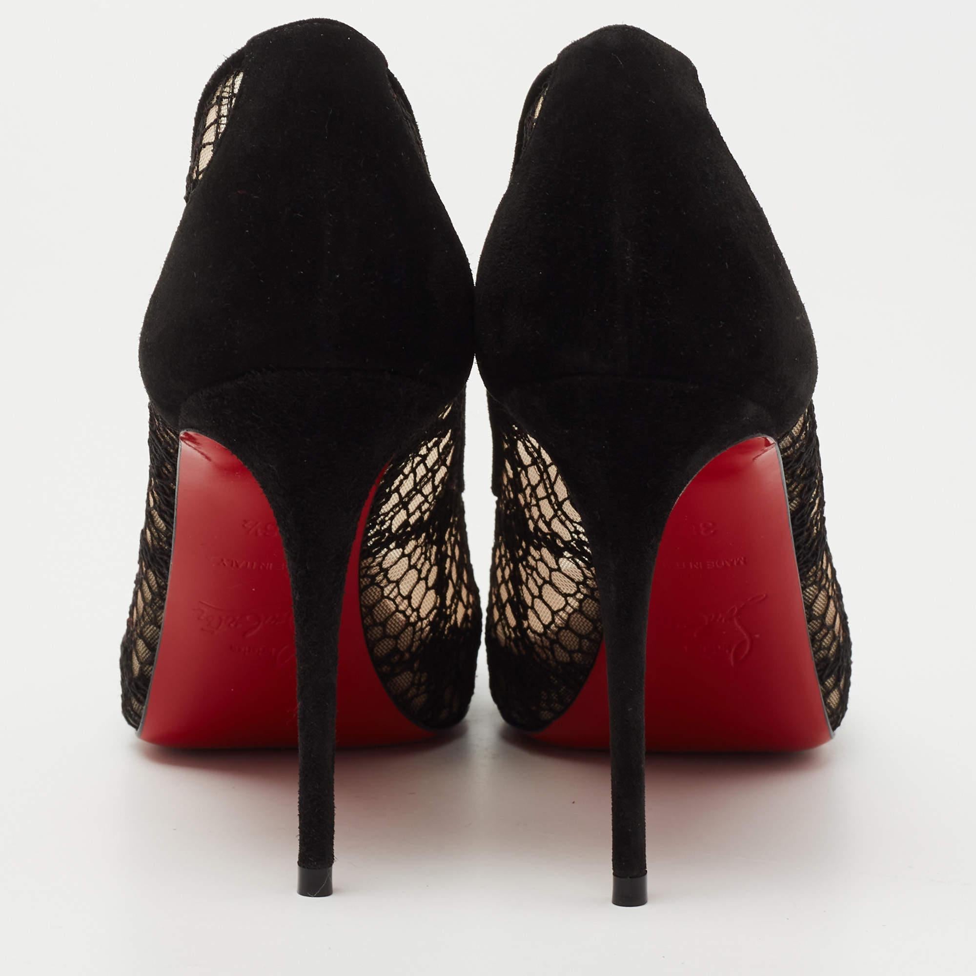 Christian Louboutin Black Lace and Suede Very Lace Peep Toe Pumps Size 36.5 For Sale 2