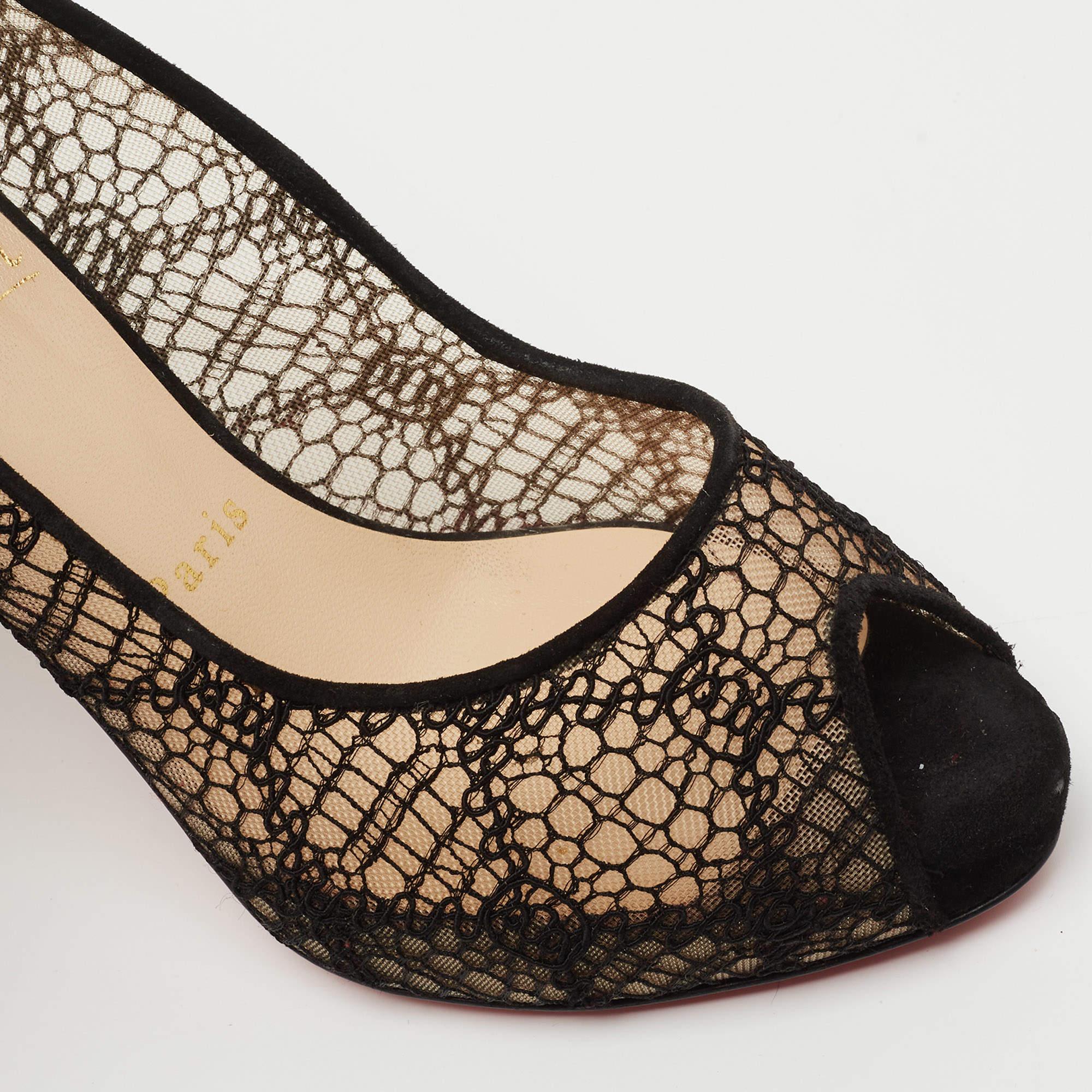 Christian Louboutin Black Lace and Suede Very Lace Peep Toe Pumps Size 36.5 For Sale 4