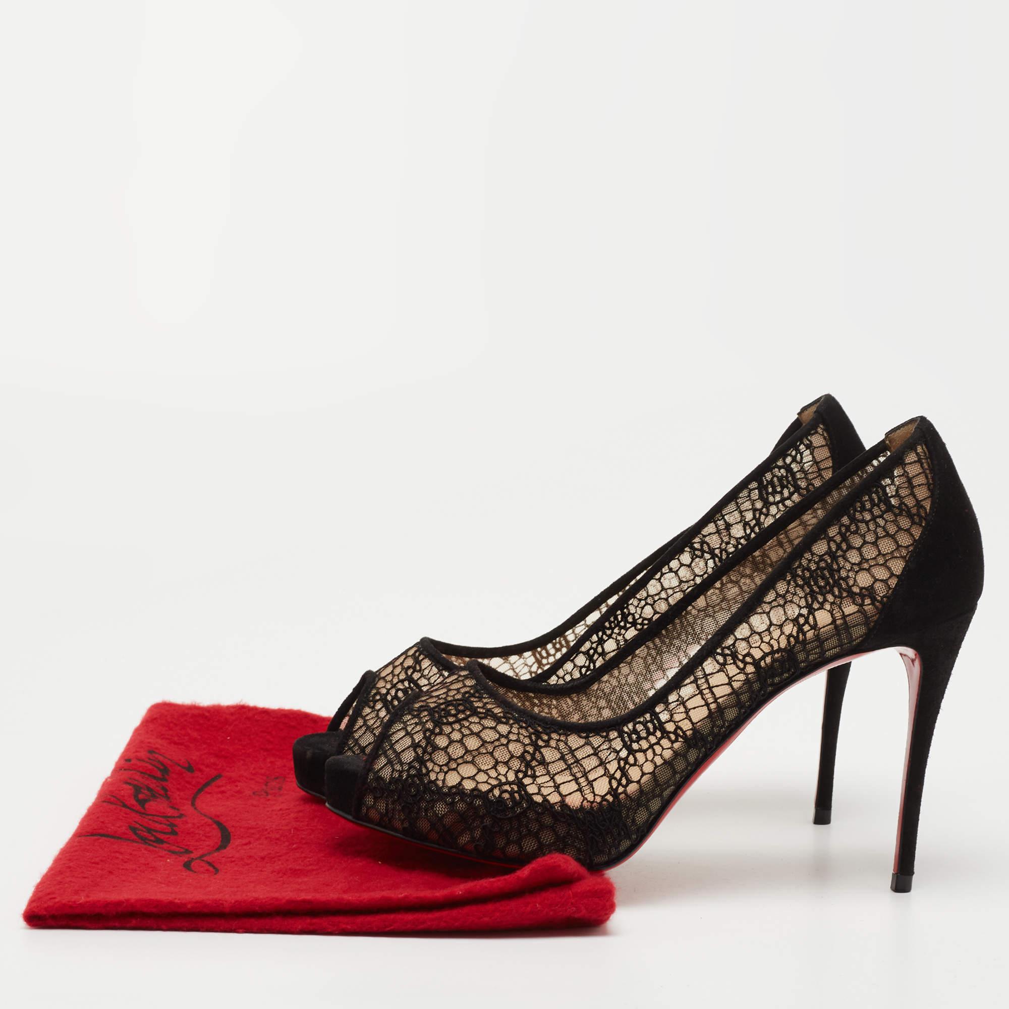 Christian Louboutin Black Lace and Suede Very Lace Peep Toe Pumps Size 36.5 For Sale 5