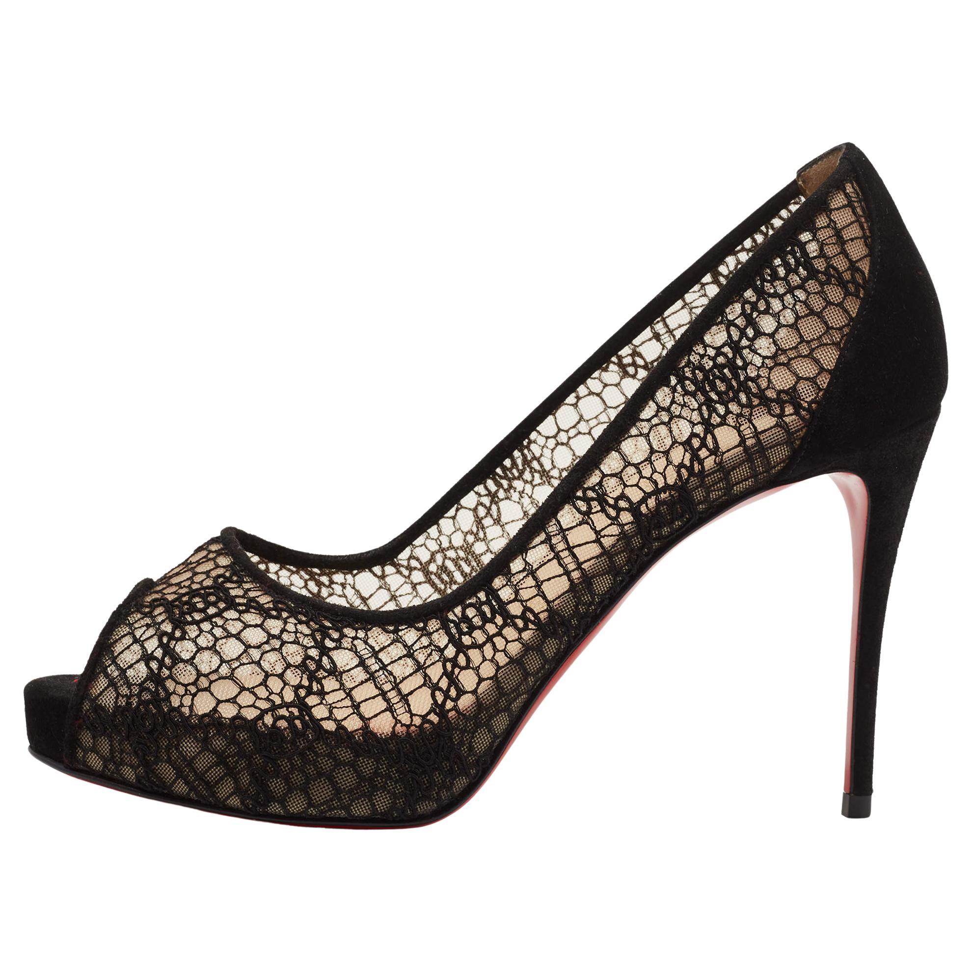 Christian Louboutin Black Lace and Suede Very Lace Peep Toe Pumps Size 36.5 For Sale