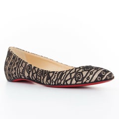 CHRISTIAN LOUBOUTIN black lace covered nude point toe flats shoes EU38.5