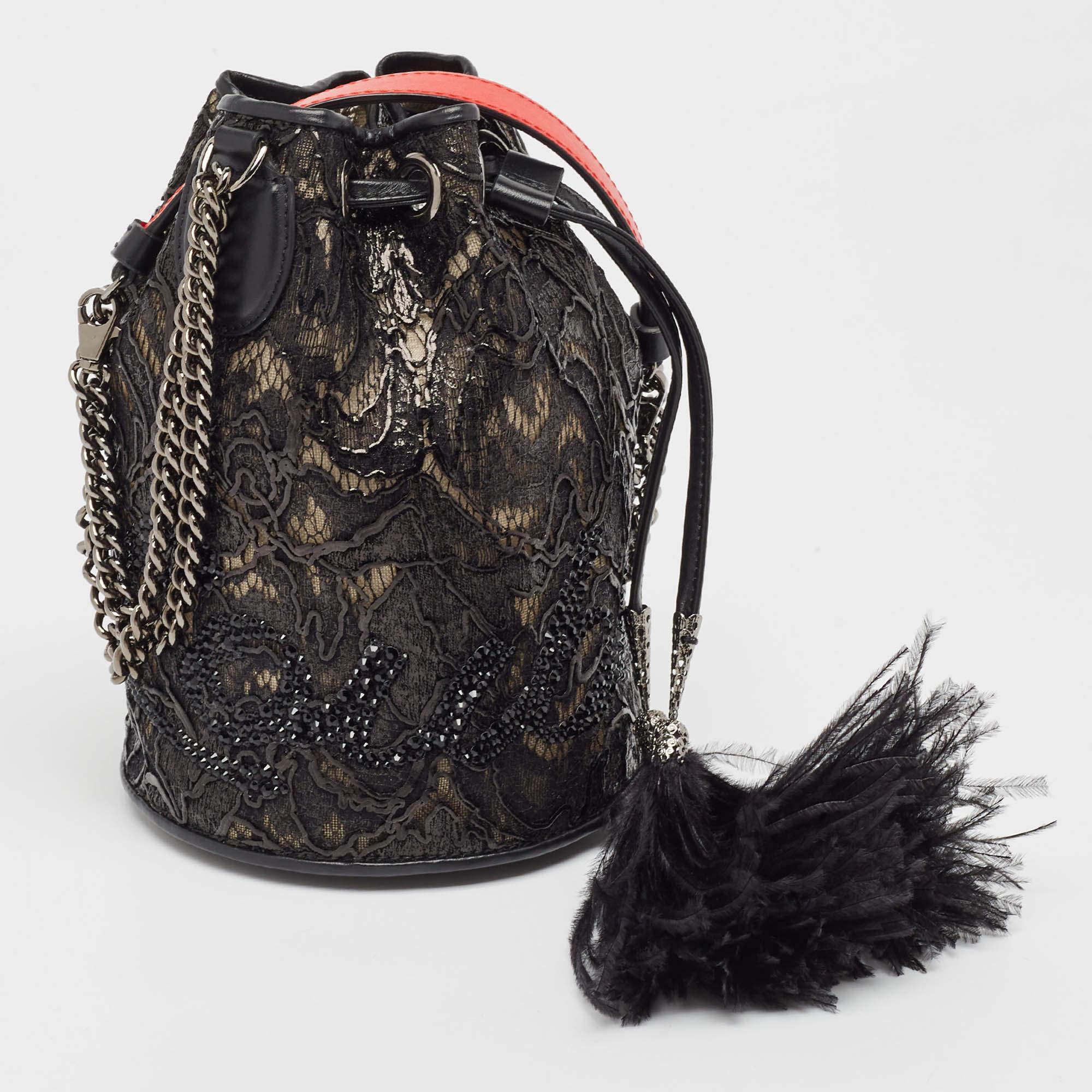 Christian Louboutin Black Lace  Feather and Leather Marie Jane Bucket Bag In Good Condition In Dubai, Al Qouz 2