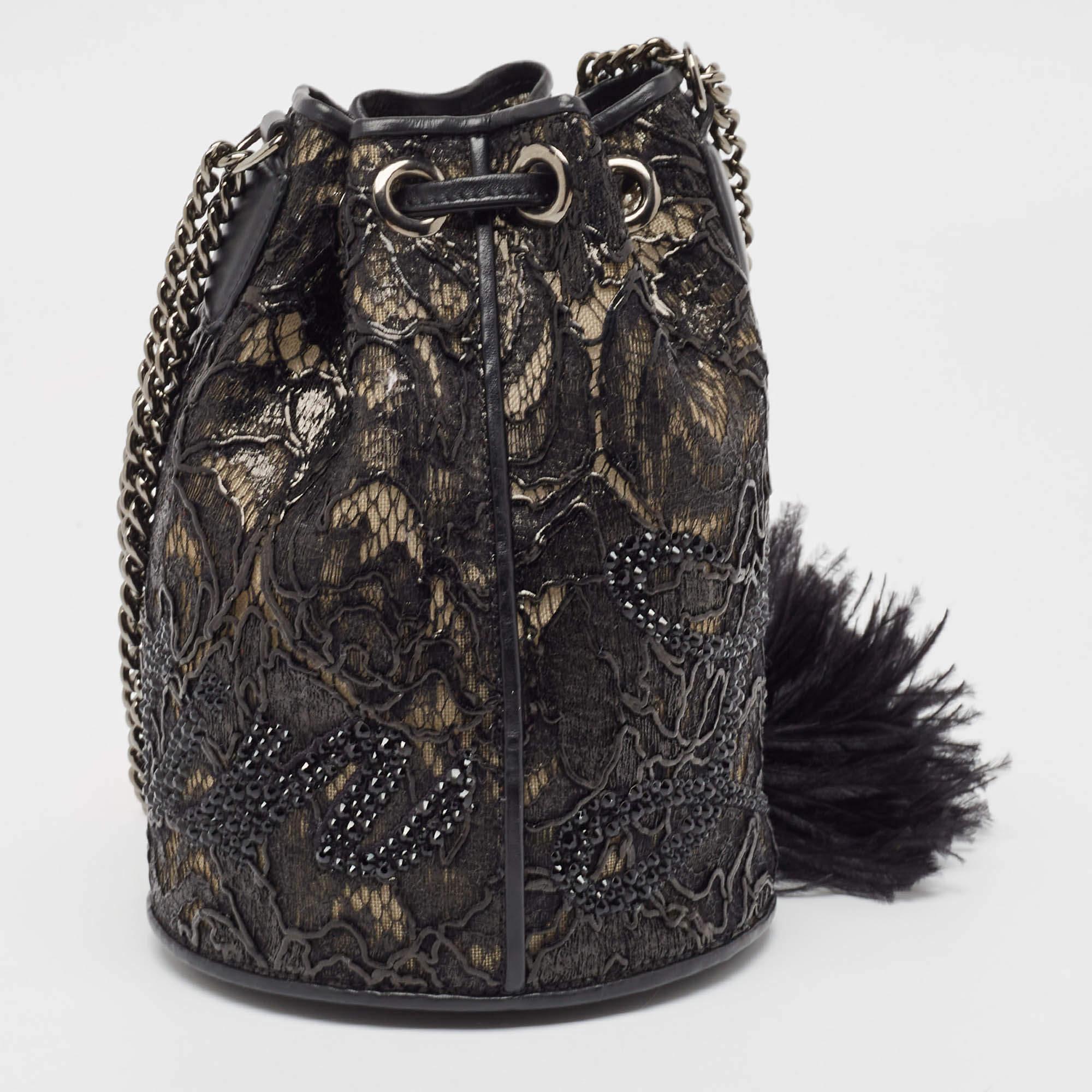 Women's Christian Louboutin Black Lace  Feather and Leather Marie Jane Bucket Bag