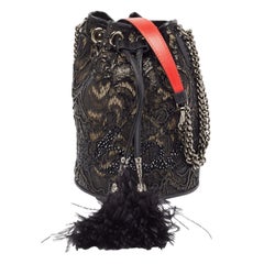 Christian Louboutin Black Lace  Feather and Leather Marie Jane Bucket Bag