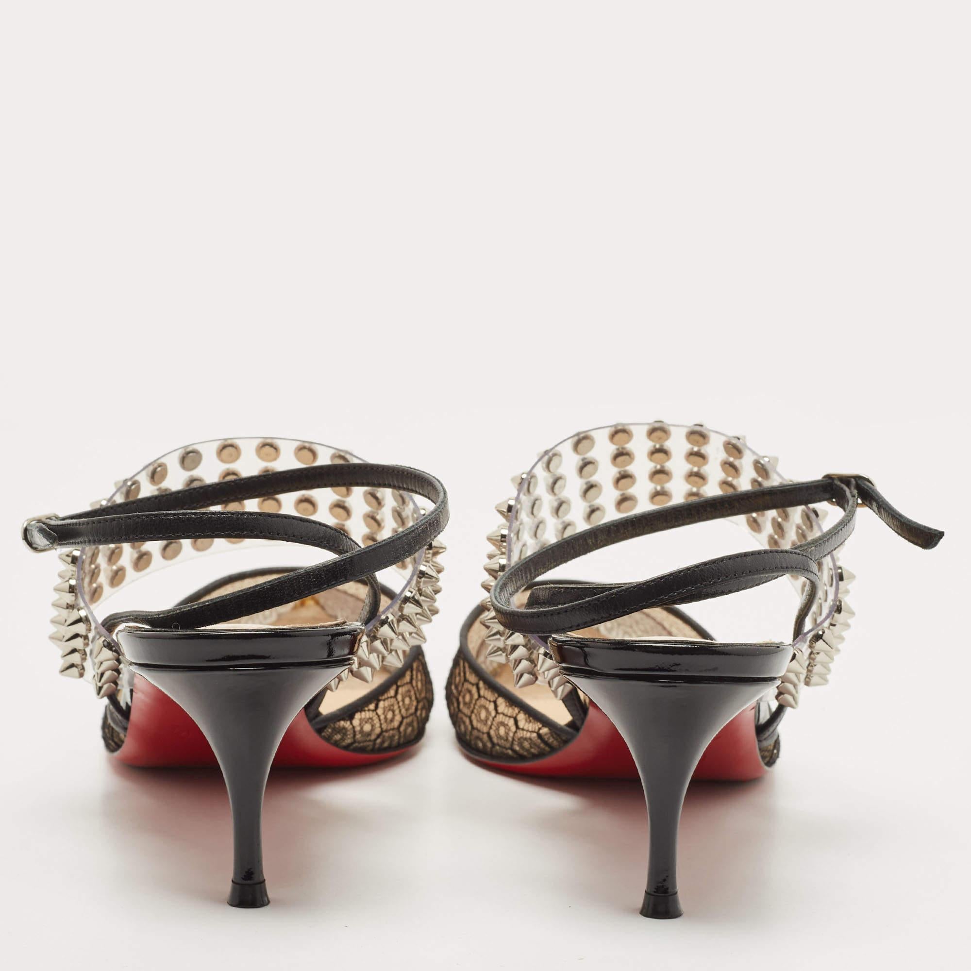 Christian Louboutin Black Lace, Leather and Spiked PVC Levita Rete Pumps Size 38 For Sale 1