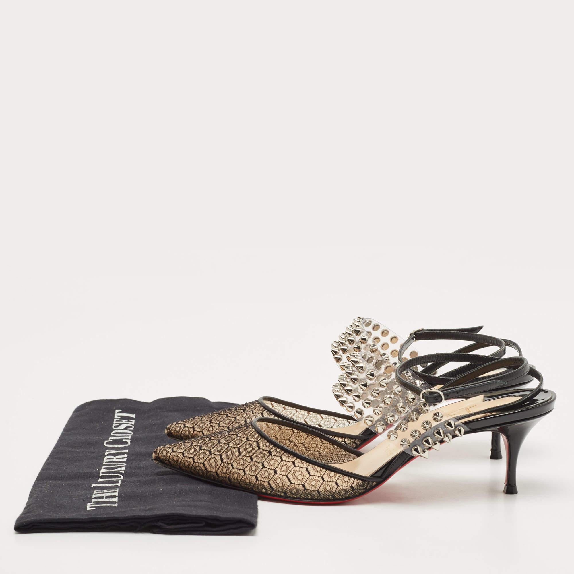 Christian Louboutin Black Lace, Leather and Spiked PVC Levita Rete Pumps Size 38 For Sale 4