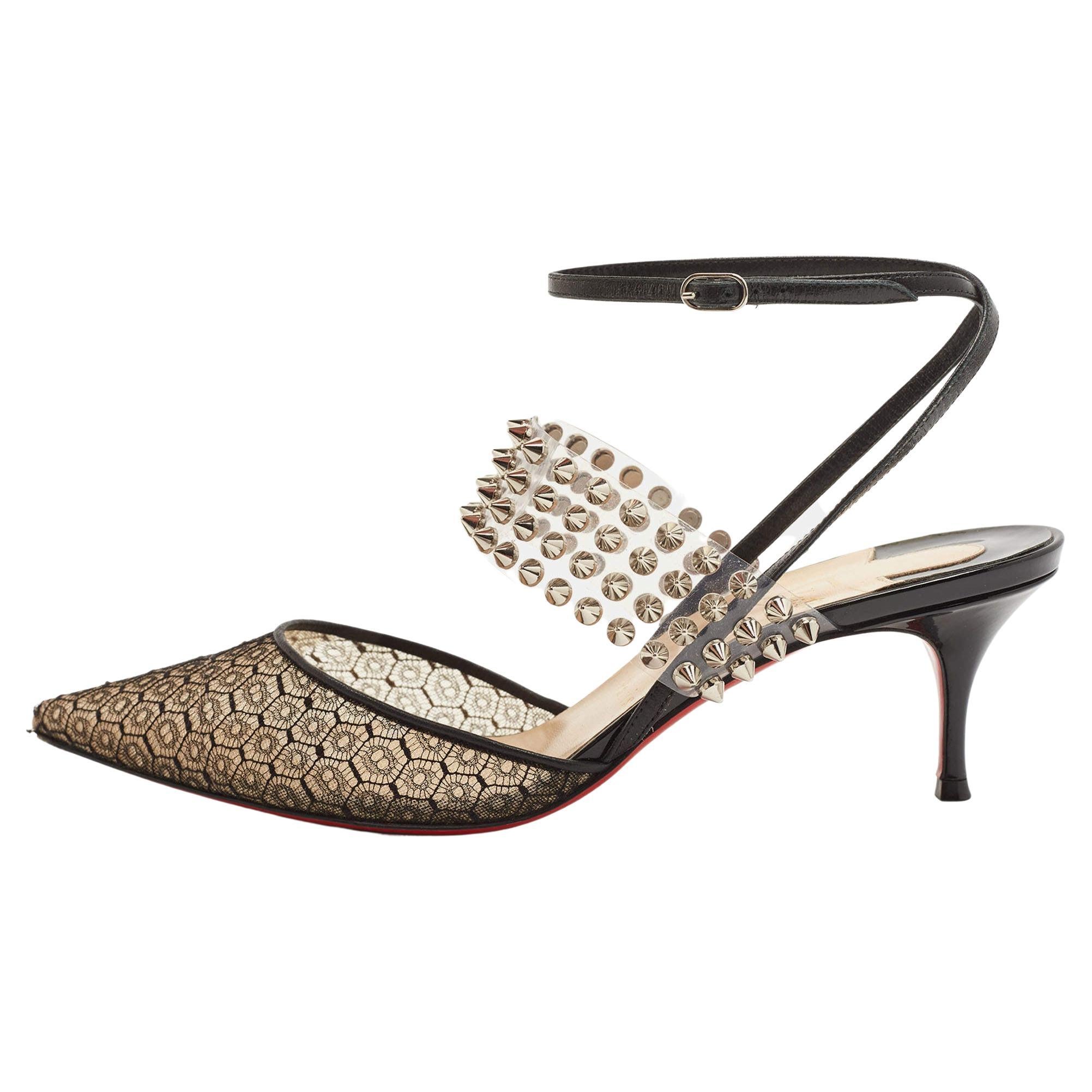 Christian Louboutin Black Lace, Leather and Spiked PVC Levita Rete Pumps Size 38 For Sale