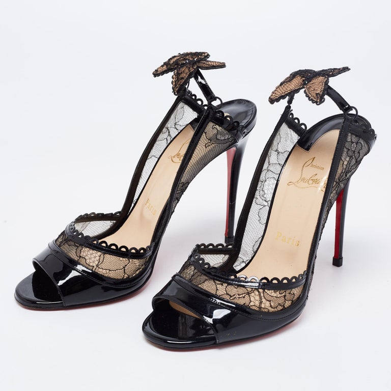 Christian Louboutin Black Lace Patent Chantilly Butterfly Open-Toe
